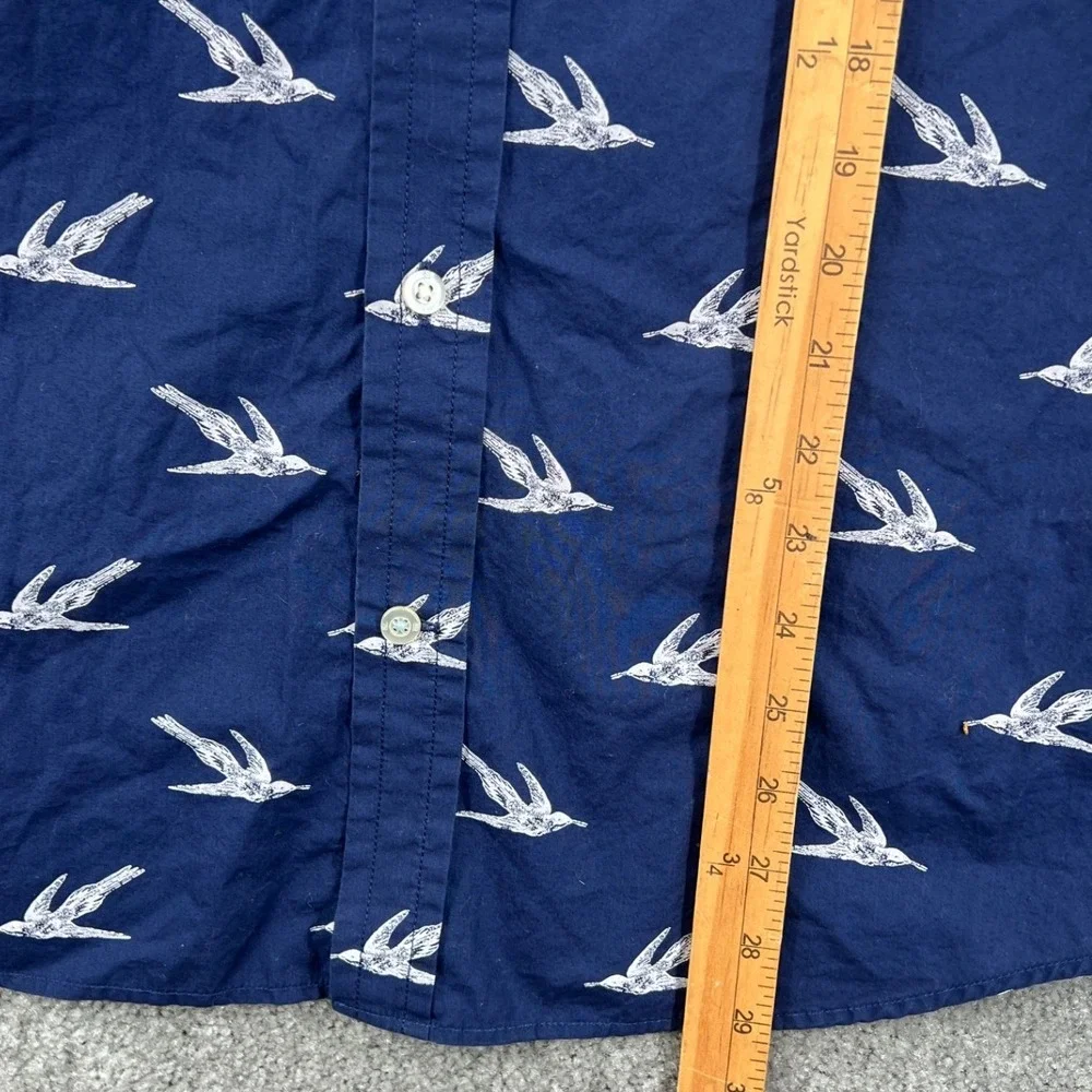 Banana Republic Shirt Mens L Navy Blue Bird Print‎ Luxe Poplin Untucked Slim Fit